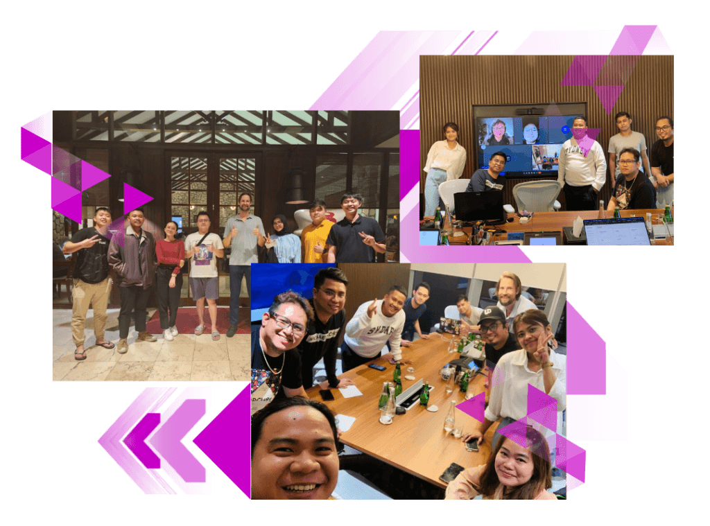 TokenMinds team members together: an evening group photo, an office meeting with a video call, and a selfie at the meeting table