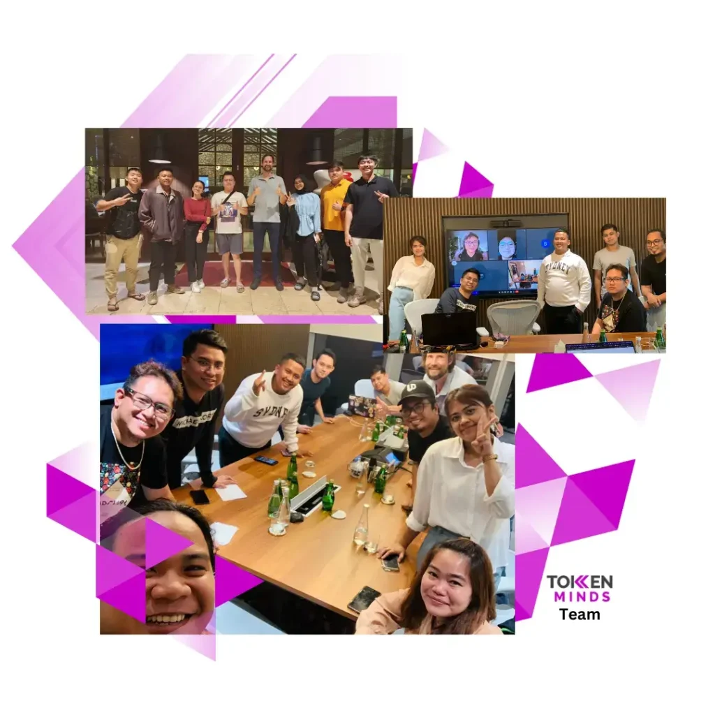 The TokenMinds team: a group photo at night, a meeting with remote colleagues on screen, and a selfie around the office table