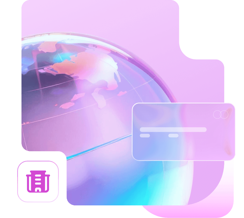 A glass globe with a payment card in front of it and a small bank badge