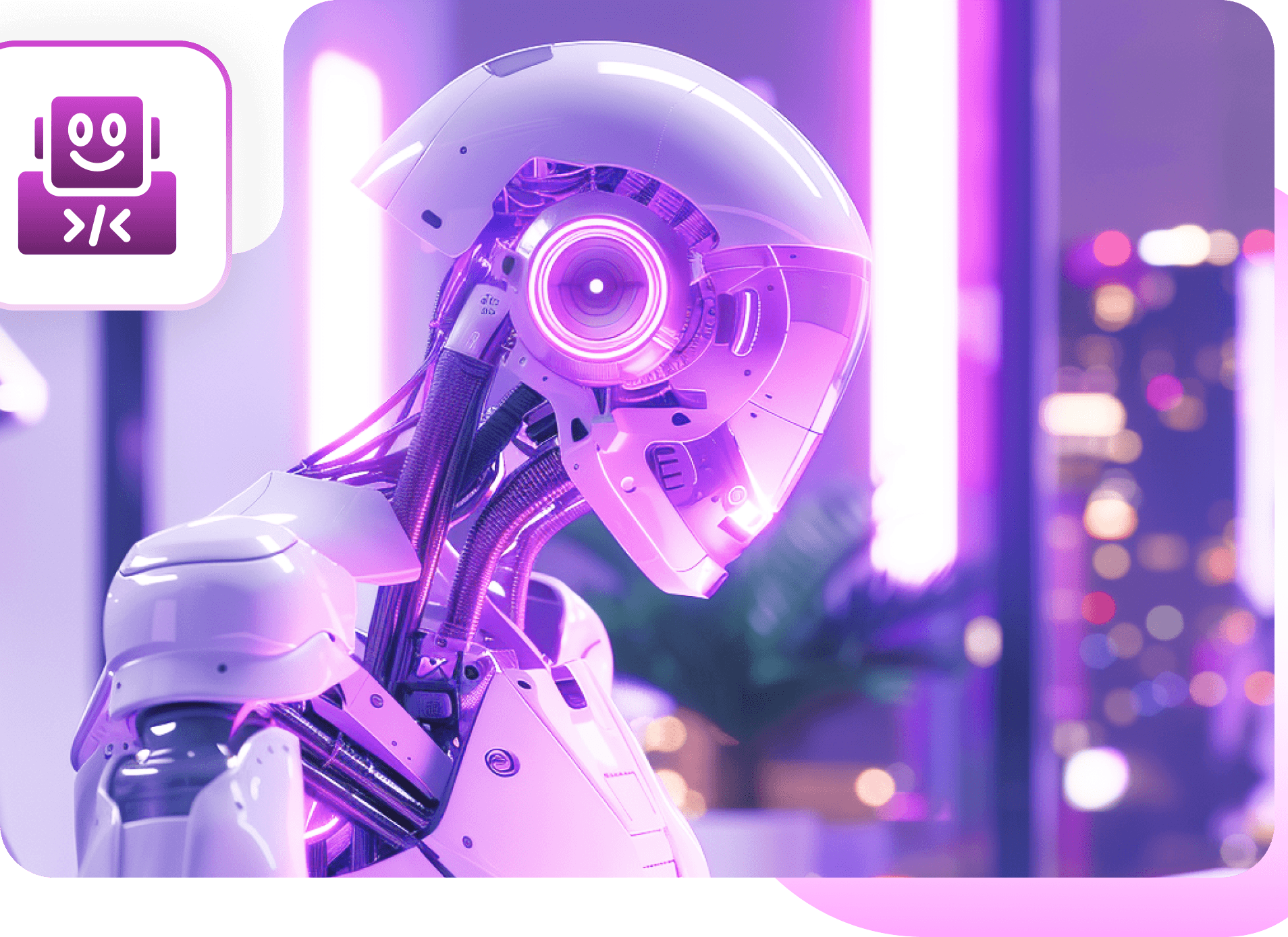 A white and purple humanoid robot in profile in a neon-lit city, with a small robot badge in the corner