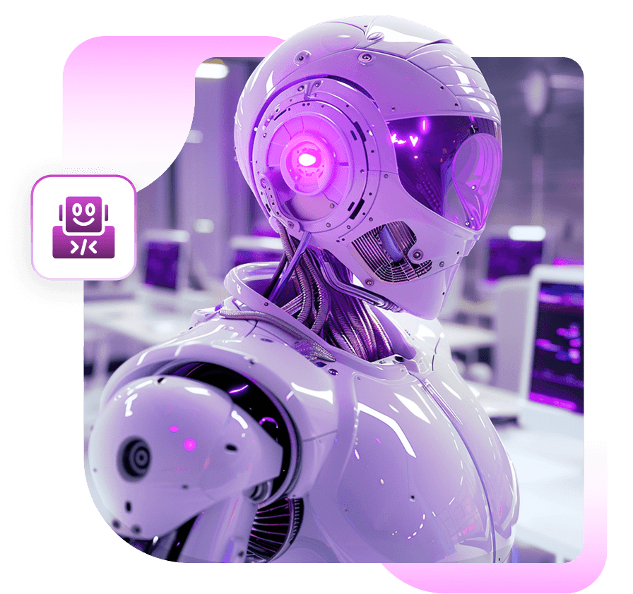 A white humanoid robot with a glowing magenta eye in an office, with a small robot badge beside it
