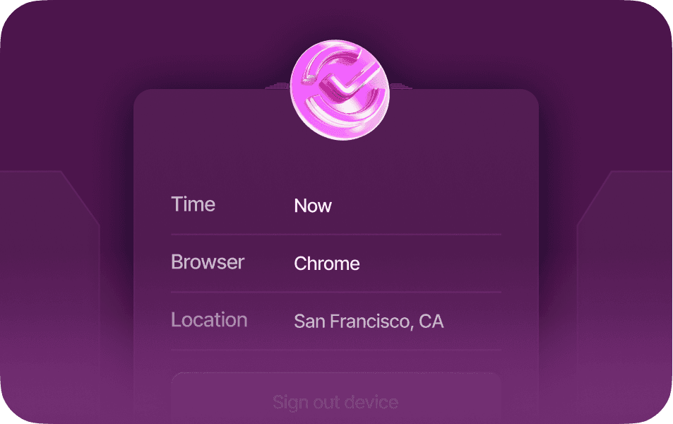 A session record showing the time (now), the browser (Chrome) and the location (San Francisco, CA)