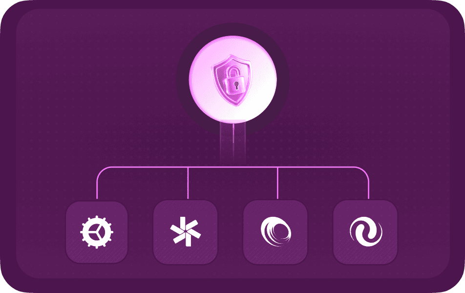 A shield with a lock branching out to four payment network marks
