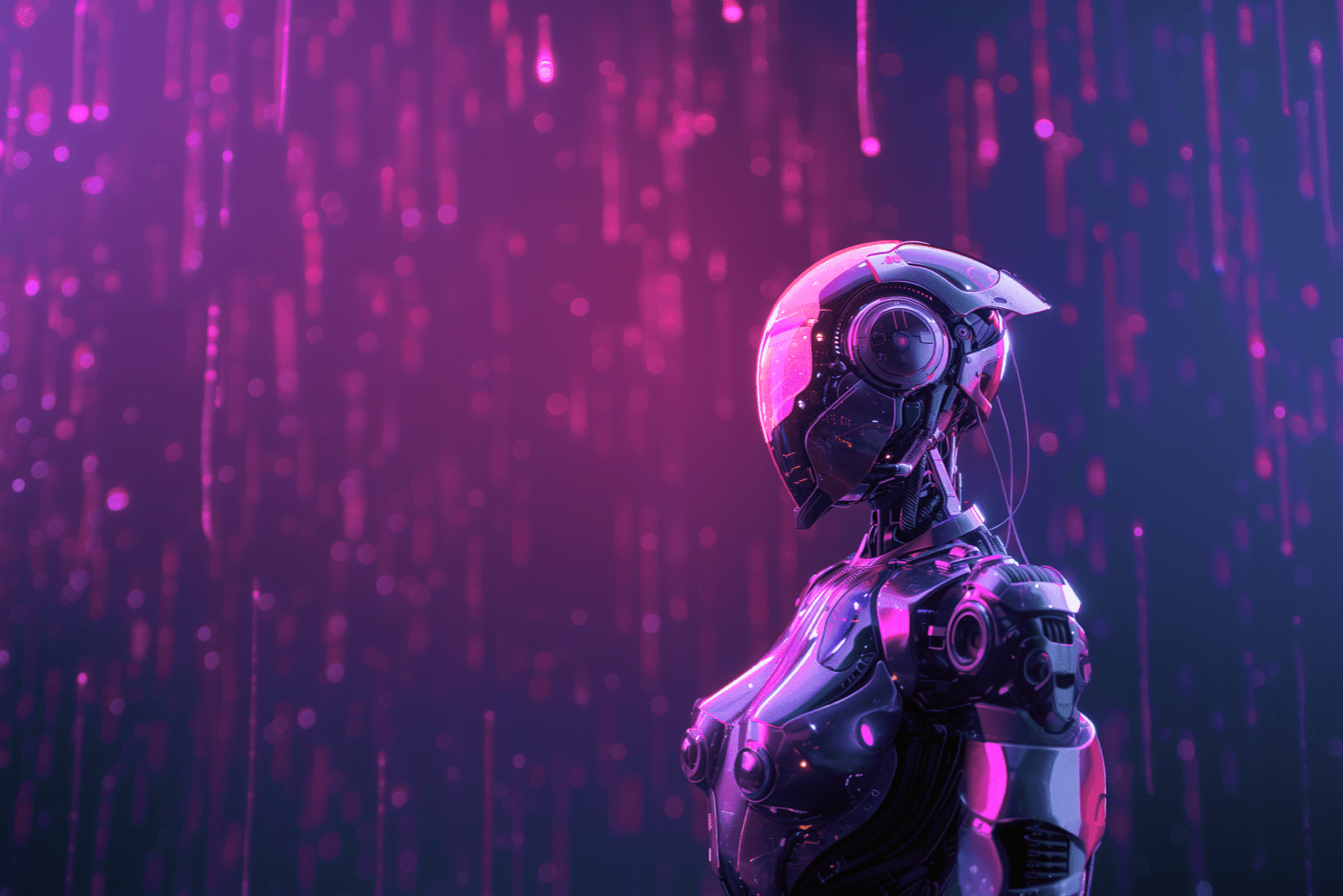 A robot in a glowing helmet against a wall of falling magenta code