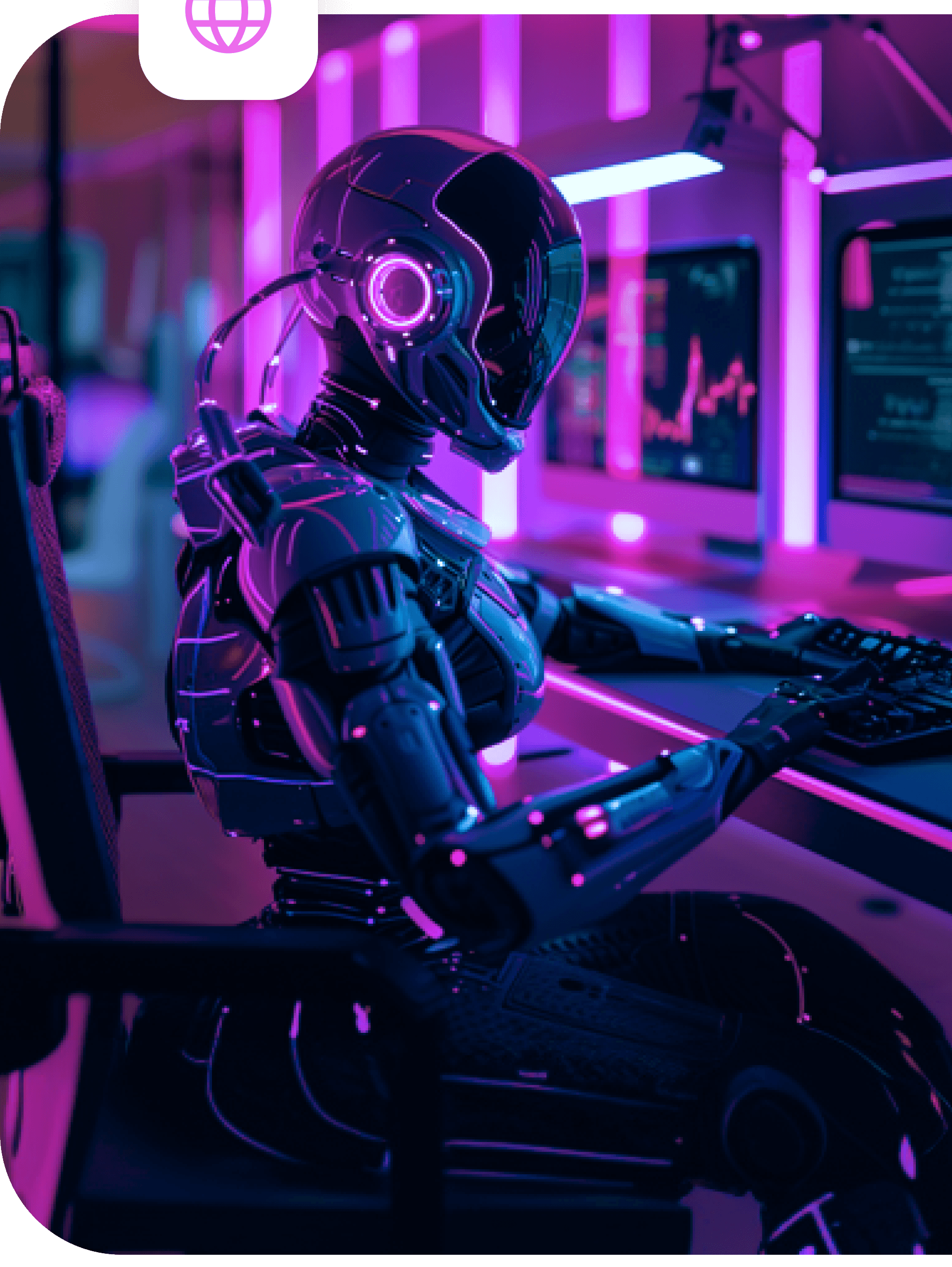 A robot in a helmet typing at a keyboard in front of trading screens, lit in magenta