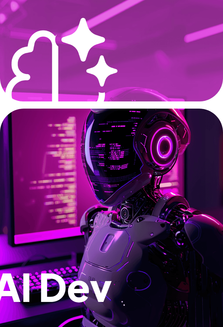 AI Dev: a robot at a computer screen of code, under a cloud with sparkles
