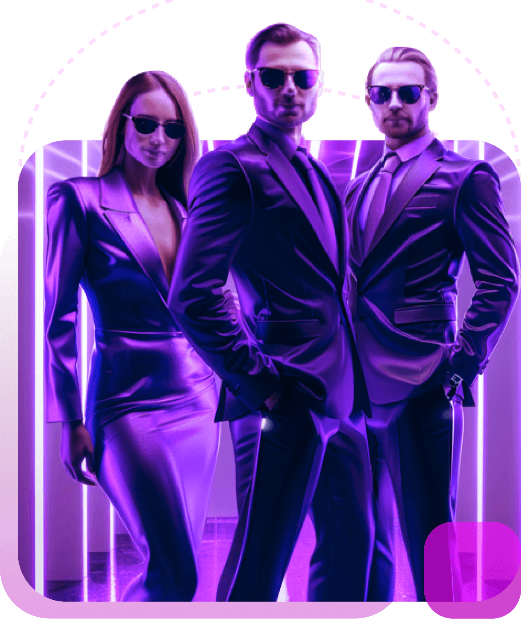 Three people in purple suits and sunglasses standing in a neon-lit frame