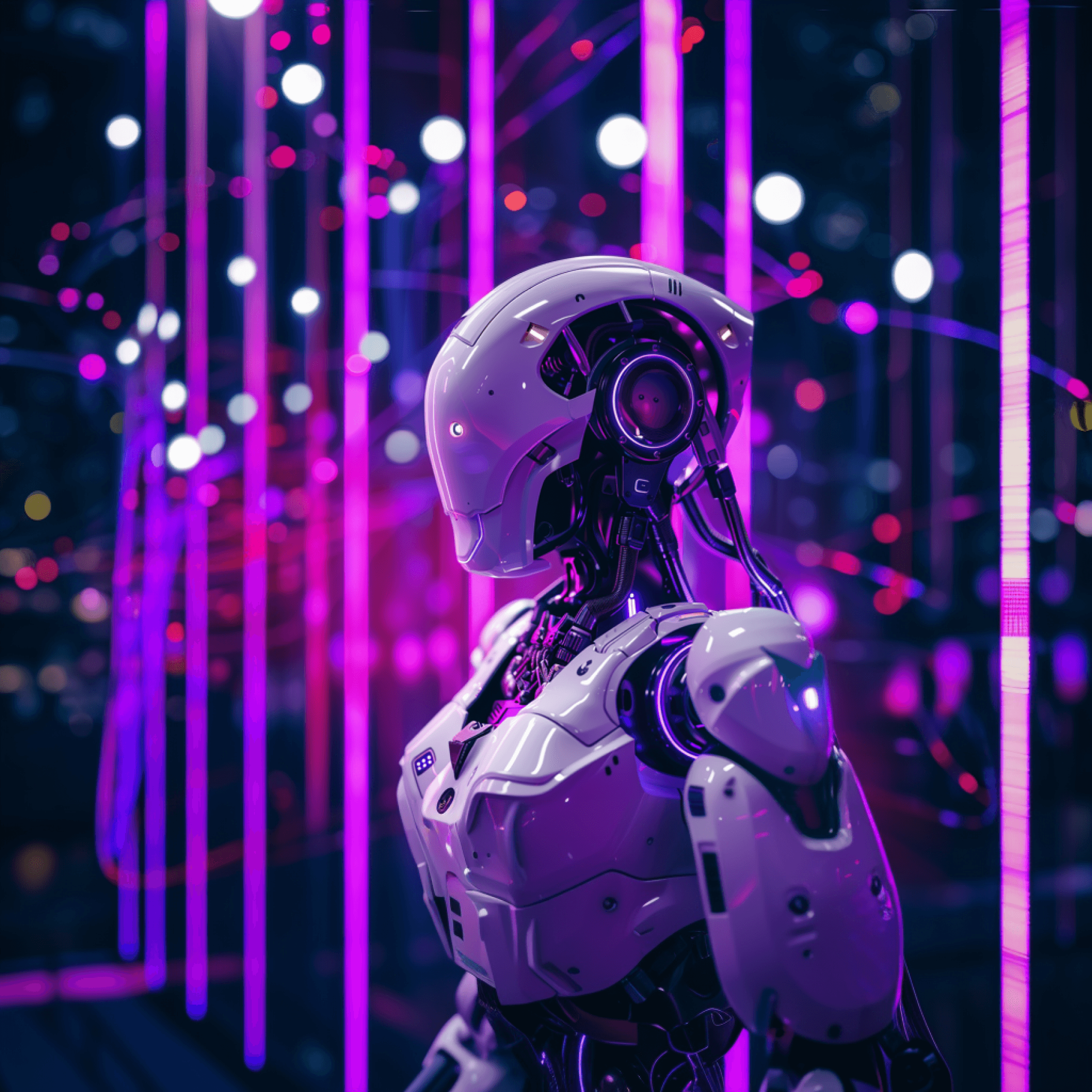 A white robot in profile among glowing magenta and violet light beams