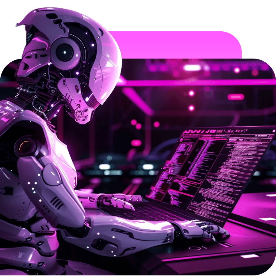 A white and purple robot typing on a laptop full of code, its helmet rising above the frame, a pink tab behind