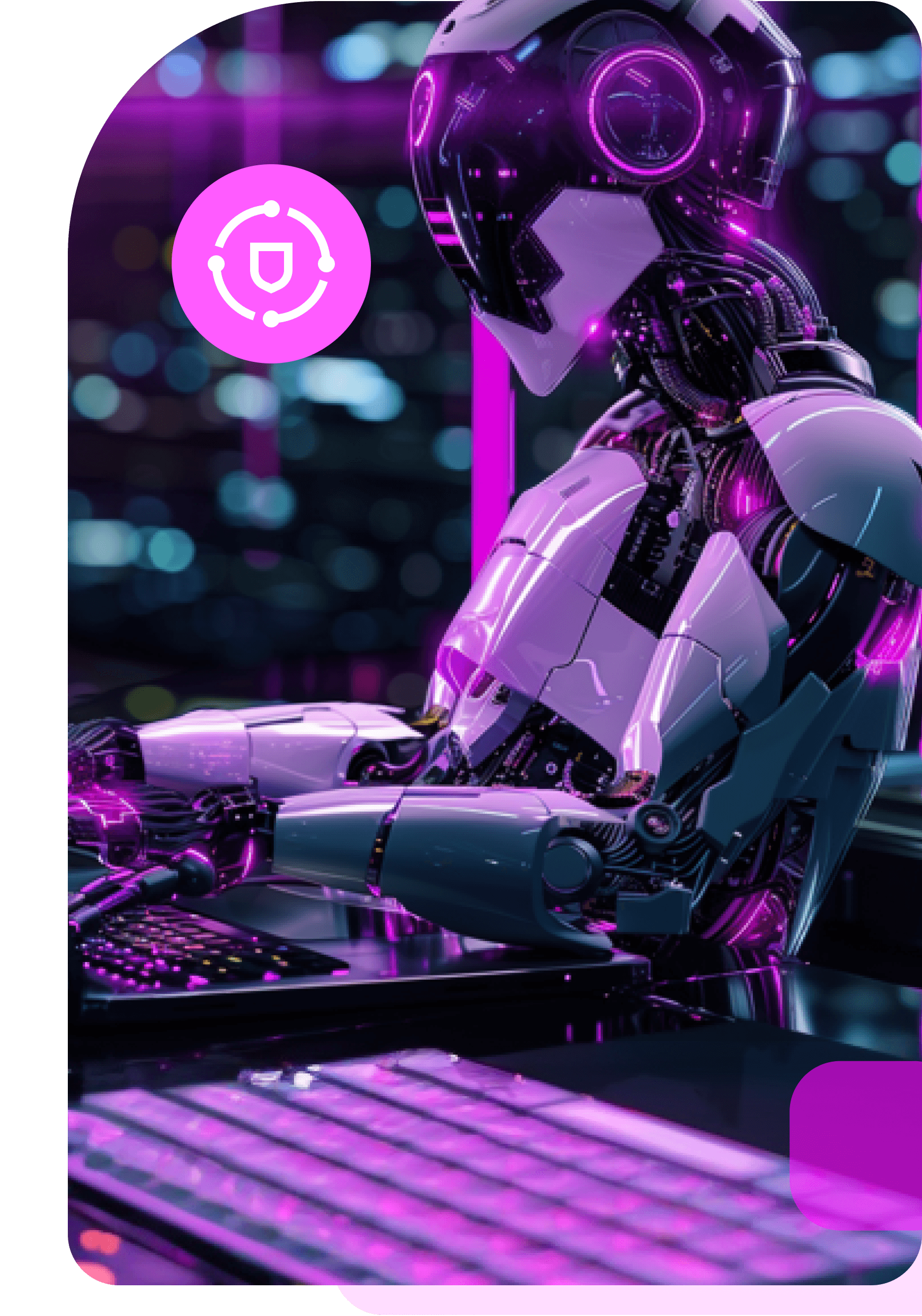 A robot in a glowing helmet typing at a keyboard in front of trading screens, with a magenta security badge