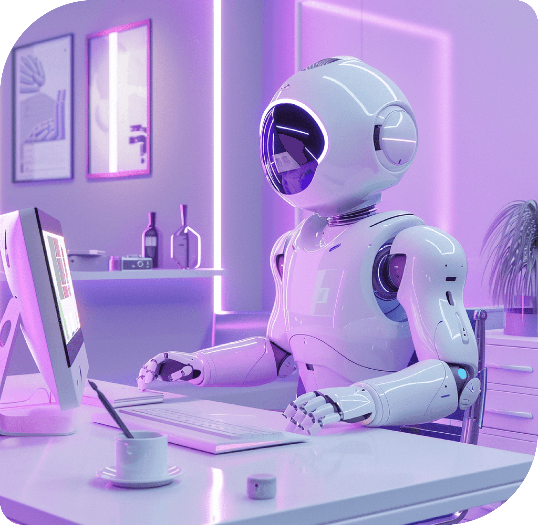 A white robot typing at a computer in a violet-lit office, with a cup on the desk