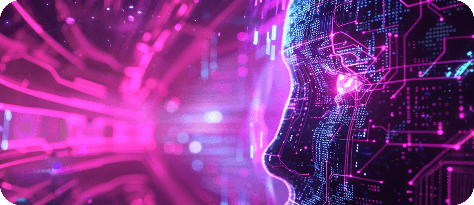 A digital human face in profile, drawn in circuit lines and dots against magenta light trails