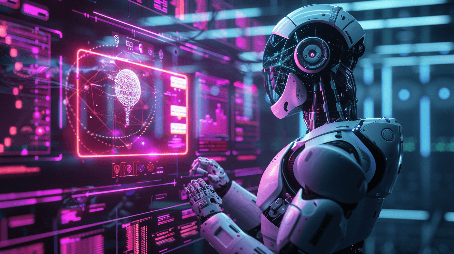 A robot touching a glowing magenta screen with a wireframe brain among data panels