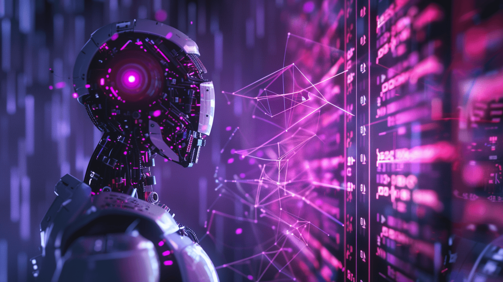 A robot with a glowing magenta eye facing a network of lines and columns of code