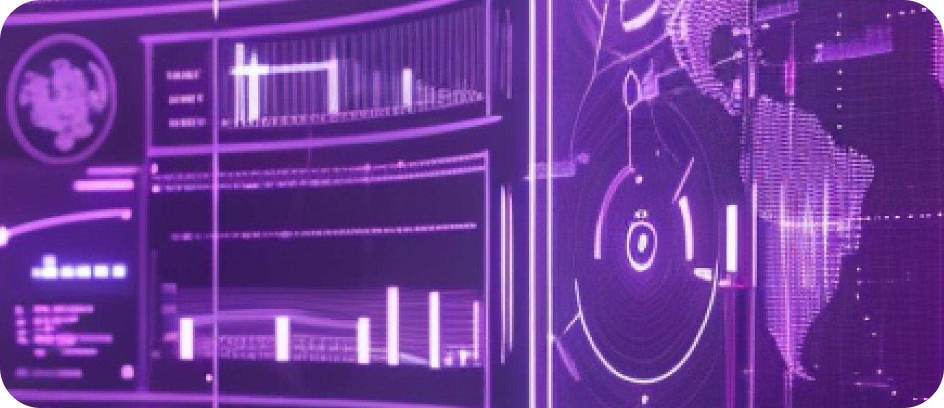 A violet analytics dashboard with bar charts, a radar dial and a dotted world map