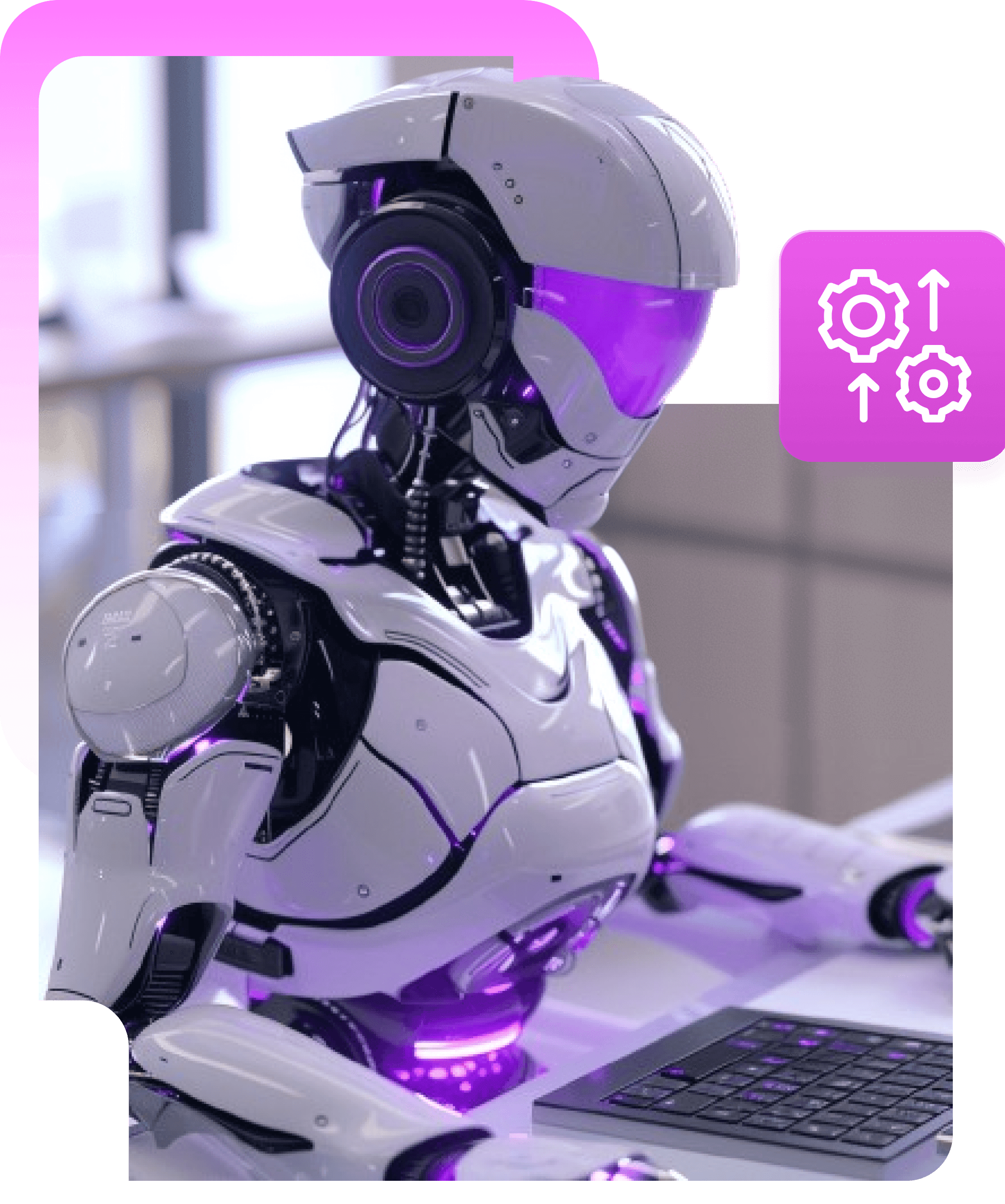 A white and violet robot at a desk with a keyboard, beside a magenta badge of two gears with up arrows