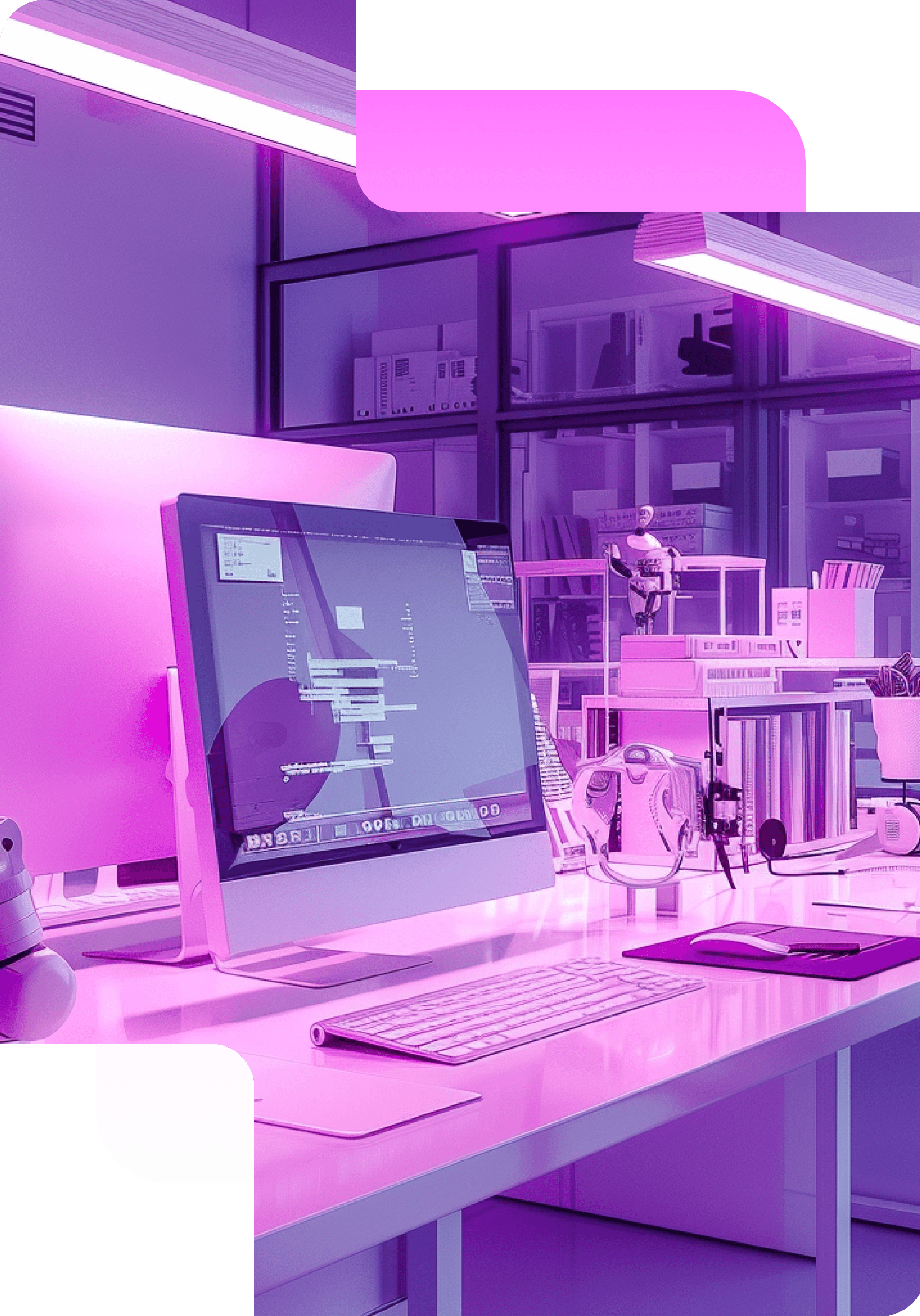 A violet-lit workspace: a computer with code on screen, a keyboard and a small robot on the shelves behind