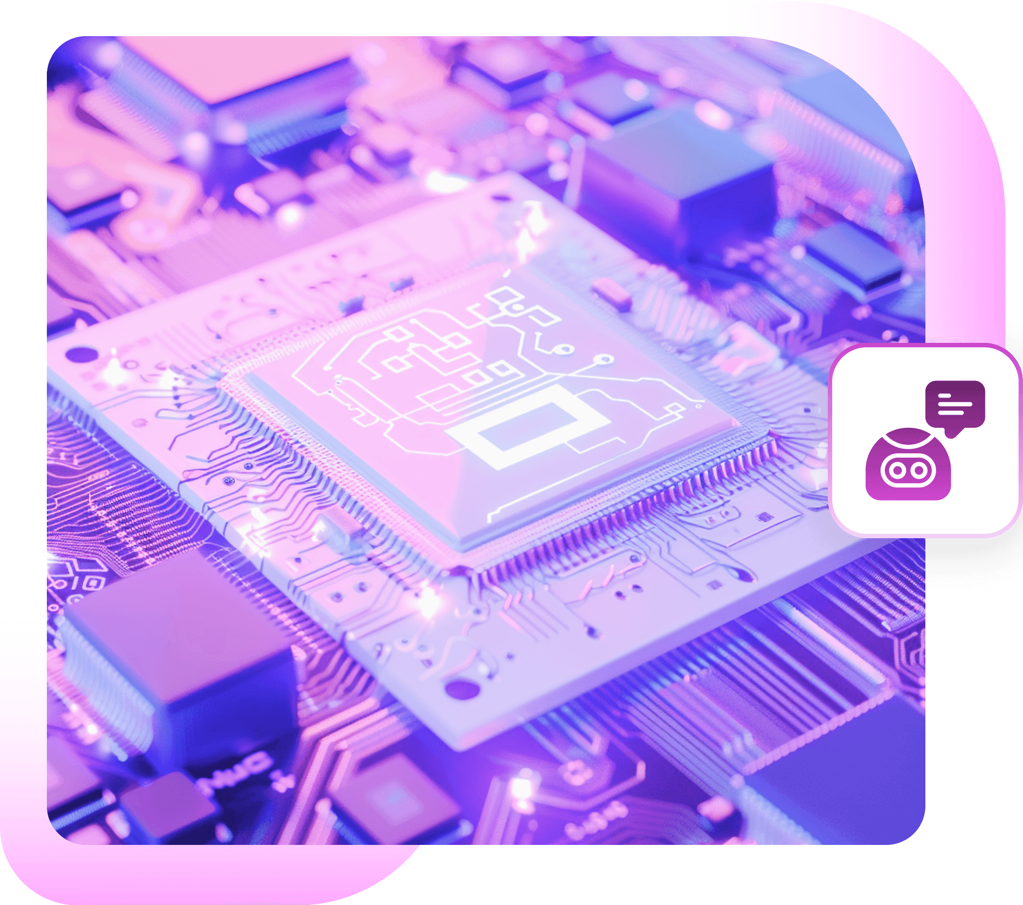 A glowing violet computer chip on a circuit board, with a chatbot badge