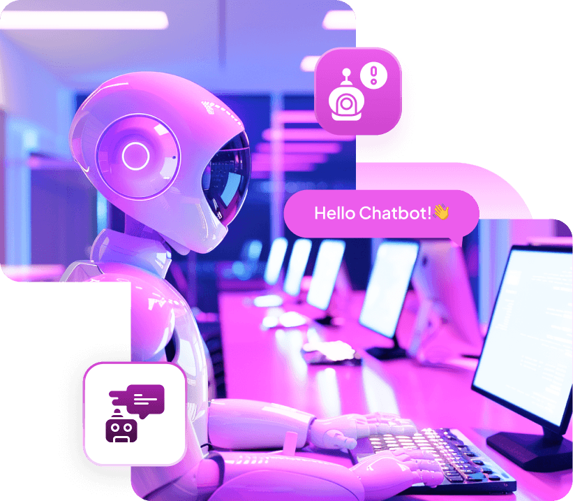 A white robot typing at a row of computer screens in a violet-lit office, with chatbot badges and a “Hello Chatbot!” bubble