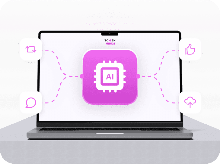 A laptop running an AI chip, linked to repost, comment, like and upload icons