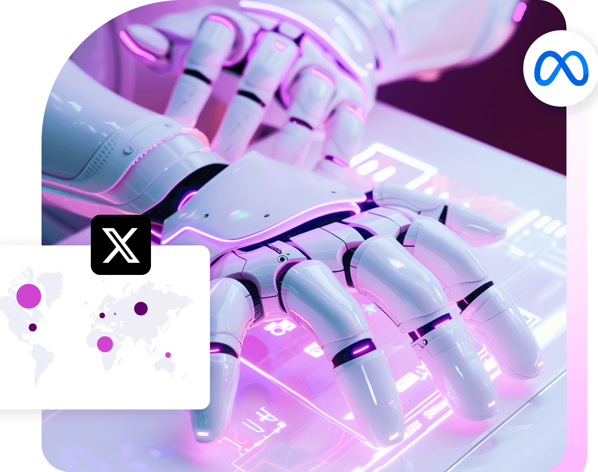 A robot hand on a glowing keyboard, with the X and Meta logos and a world map of followers