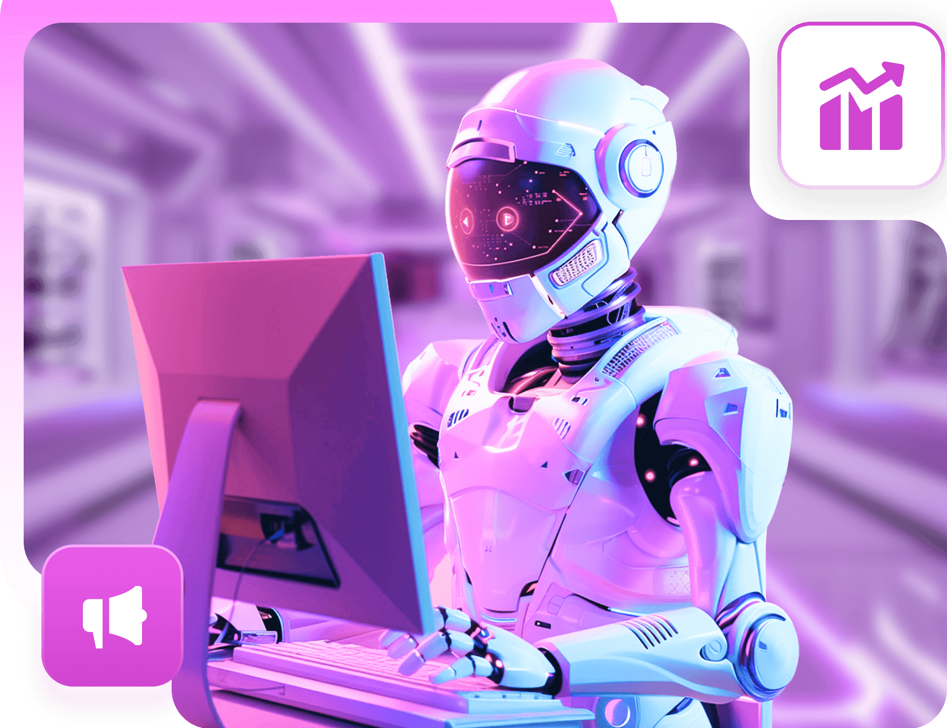A robot typing at a computer in a purple office, with growth chart and megaphone icons