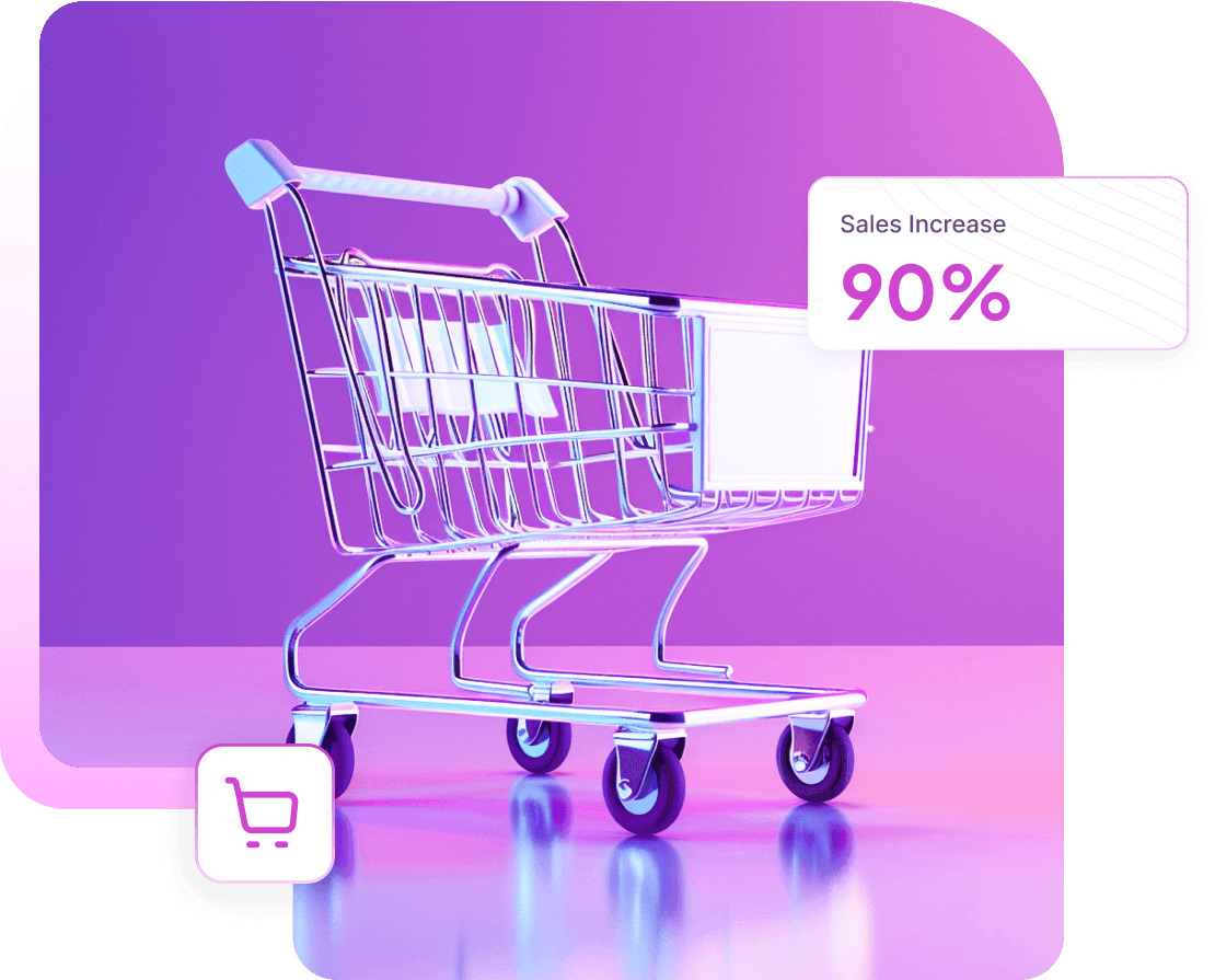 A chrome shopping cart on a purple stage beside a card reading Sales Increase 90%