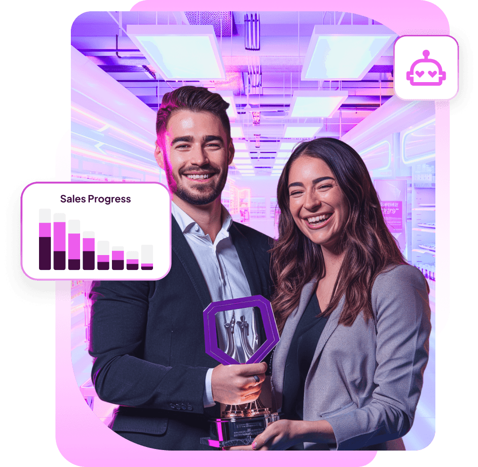 Two smiling business people holding a trophy, beside a Sales Progress bar chart