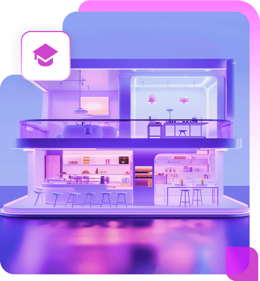 A glowing two-storey glass shop with shelves and counters, with a graduation-cap badge