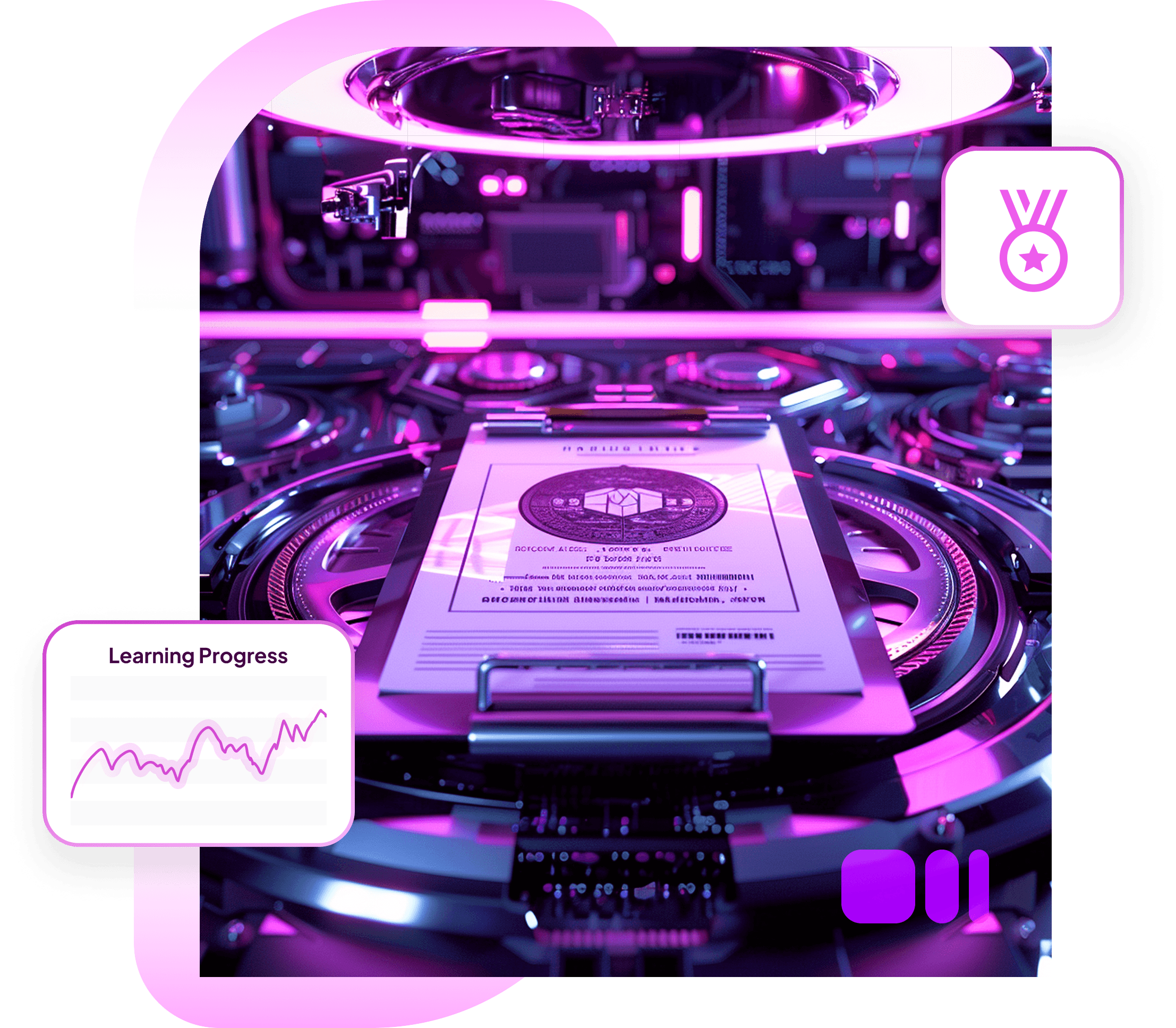 A glowing digital certificate on a futuristic machine, with a medal icon and a learning progress chart