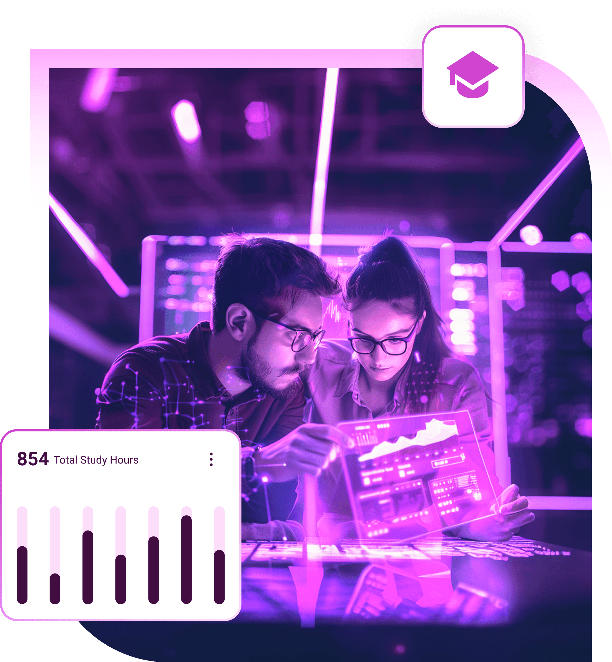 Two students studying a glowing data screen together, with a graduation cap icon and a chart of 854 total study hours
