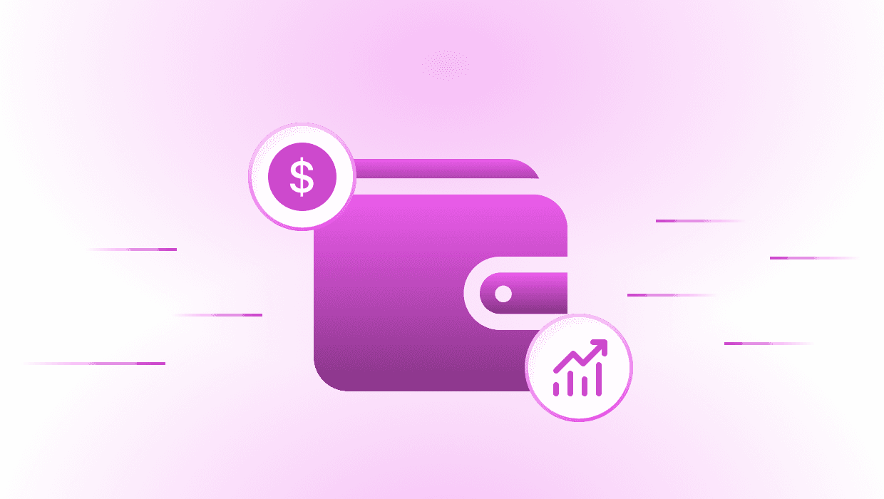 A wallet with a coin and a rising chart