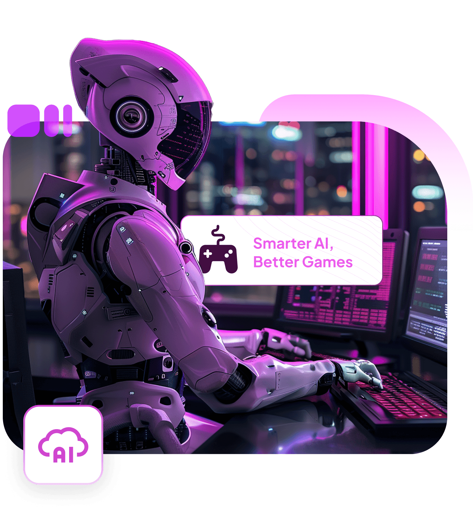 A robot gaming at a keyboard in a neon-lit room, tagged Smarter AI, Better Games