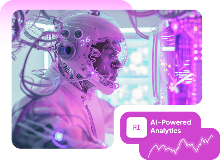 A person wired into a glowing data room, with an AI-Powered Analytics chart