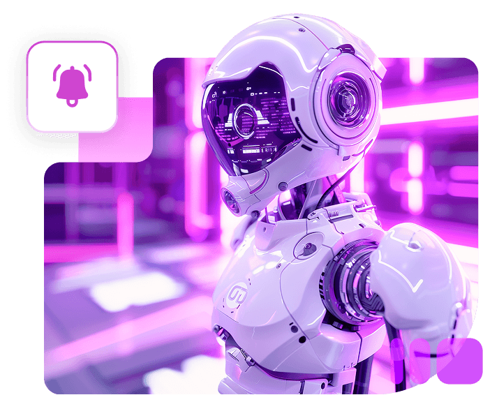 A robot in a glowing room, beside a notification bell