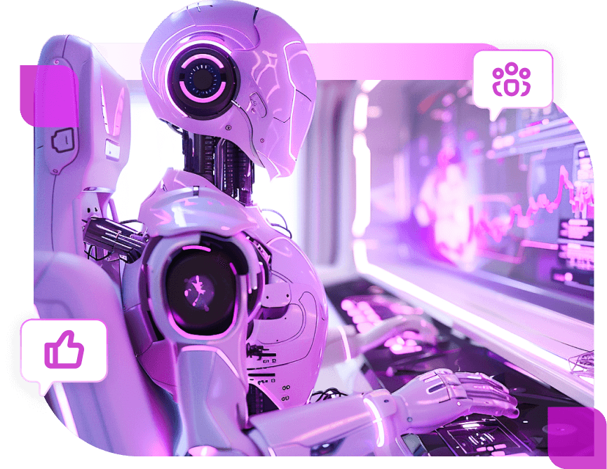 A robot at a keyboard in front of glowing screens, with like and community icons