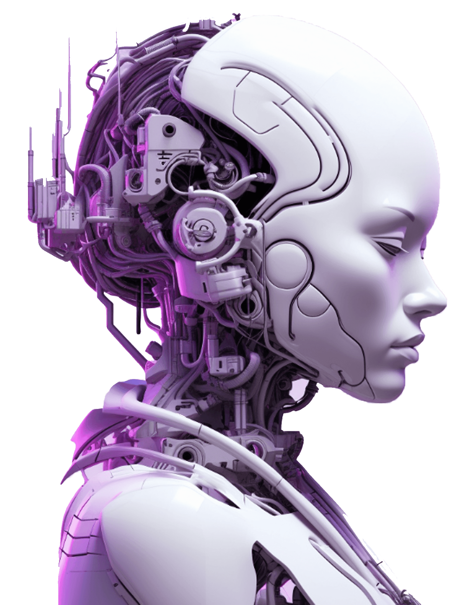 A white and violet robot woman in profile, the cables and gears of her head showing at the back
