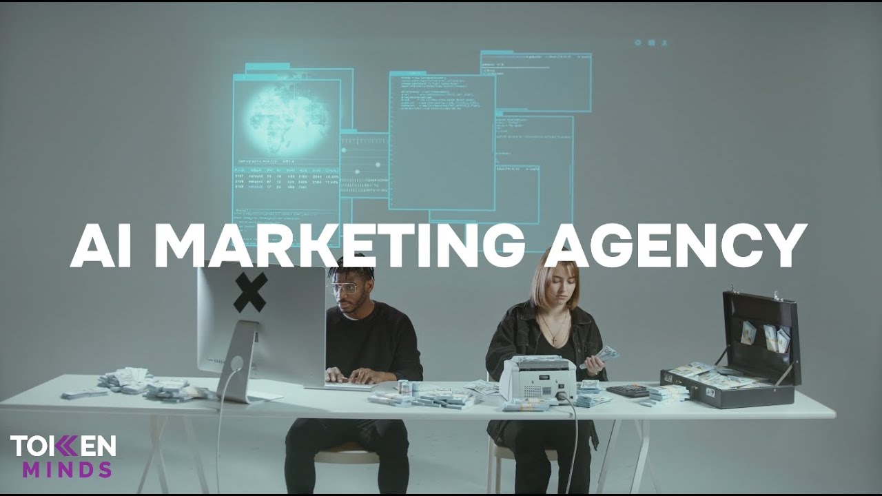 AI Marketing Agency: two people at a white desk with a computer and a money counter, data screens projected behind them