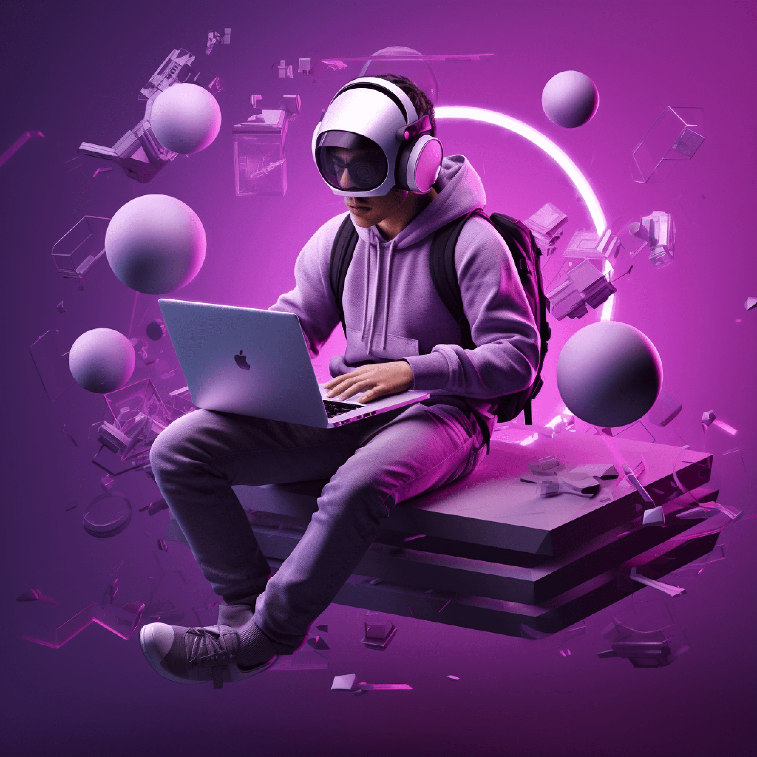 A young man in a VR headset and a lilac hoodie works on a laptop, floating spheres around him on a purple ground