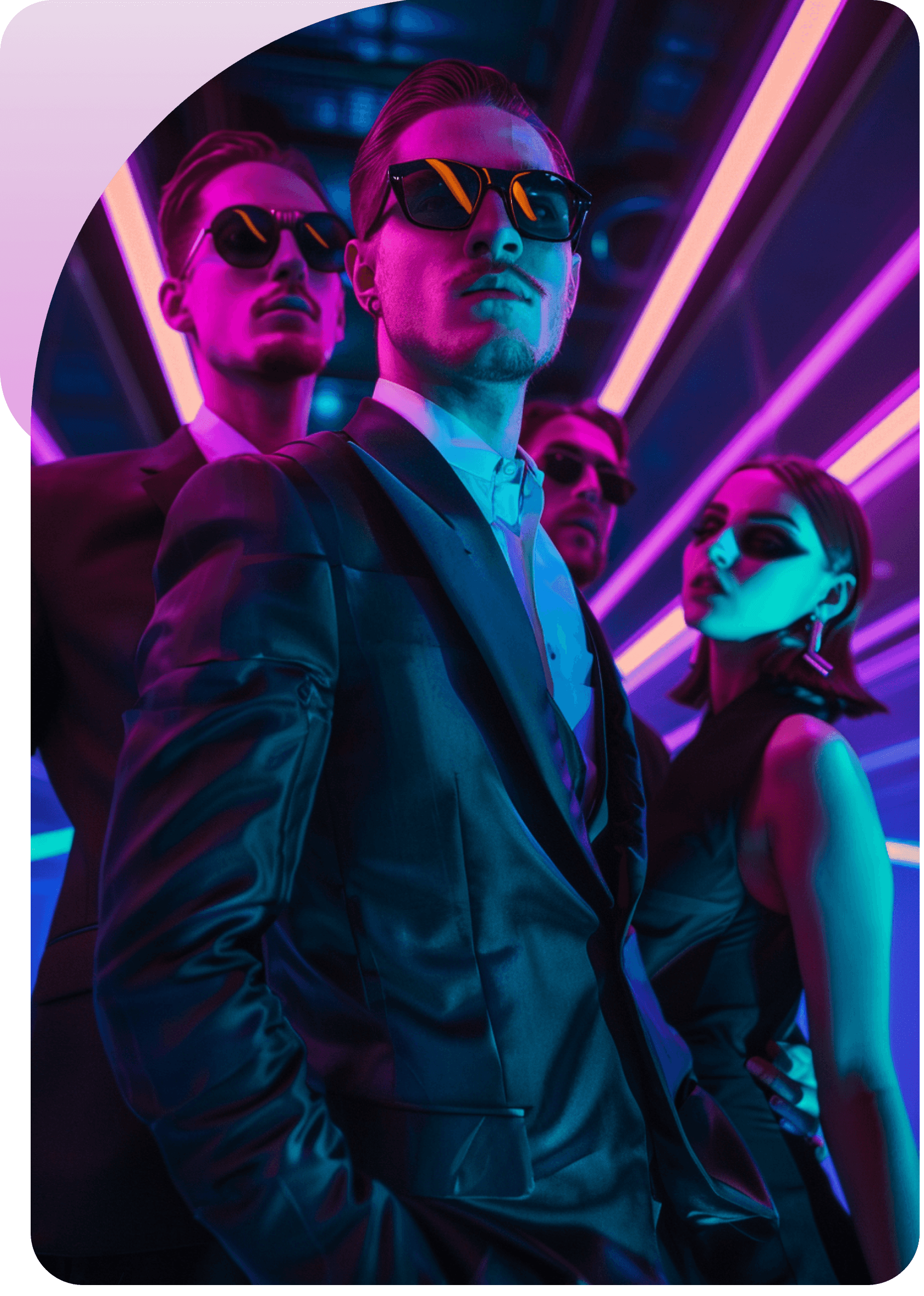 Three people in dark suits and sunglasses standing under neon lights