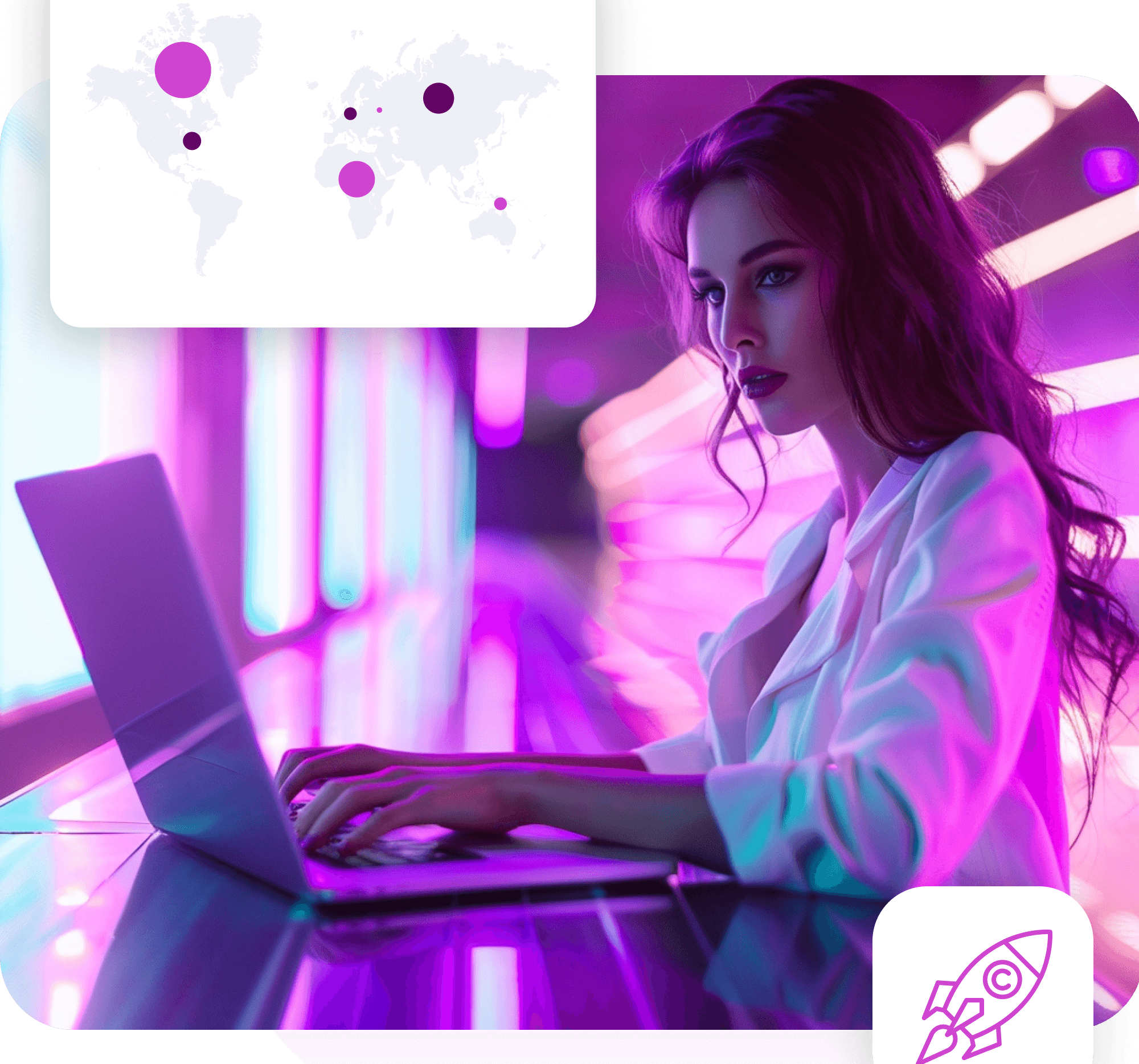 A woman typing on a laptop under pink neon light, with a world map card marking activity and a rocket icon tile