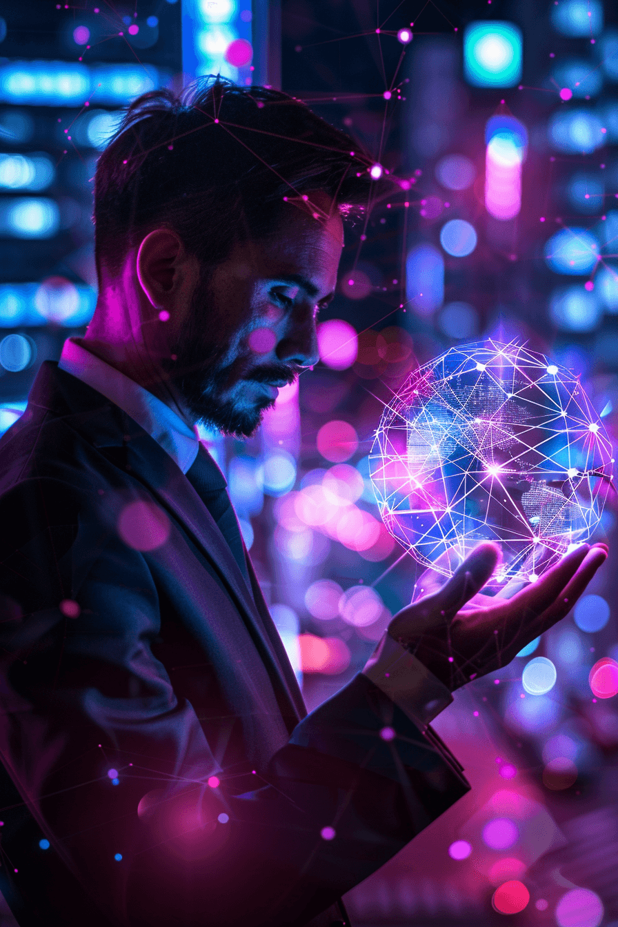 A man in a suit looking at a glowing network globe in his open hand