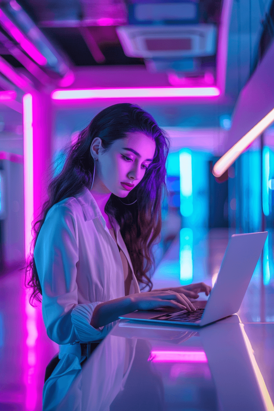 A woman working on a laptop in a pink and blue neon lit office