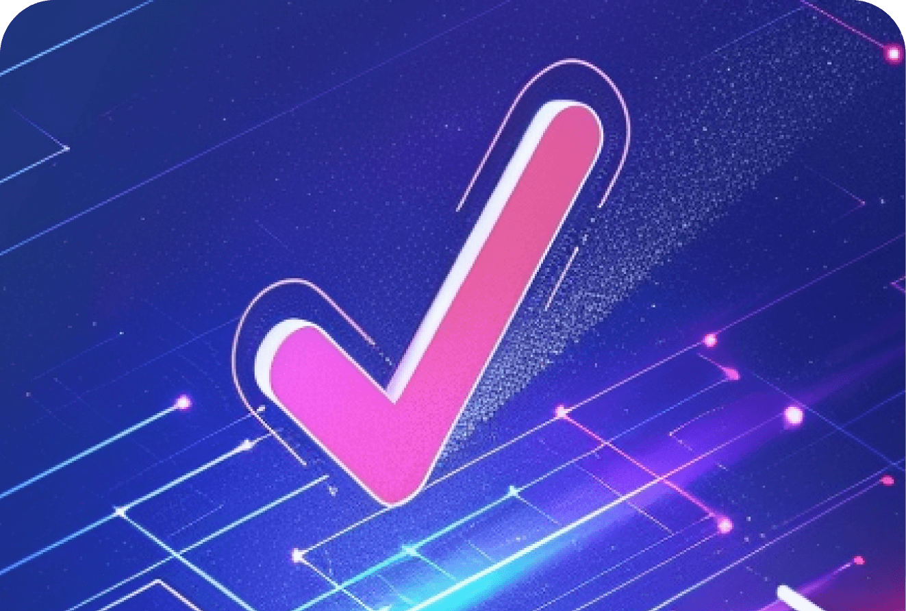 A large pink check mark over glowing circuit lines
