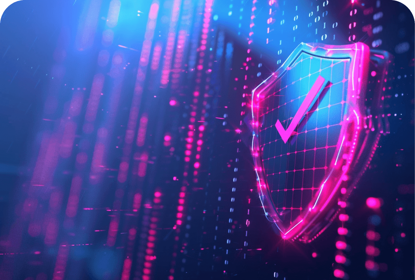 A neon shield with a check mark in front of streams of data