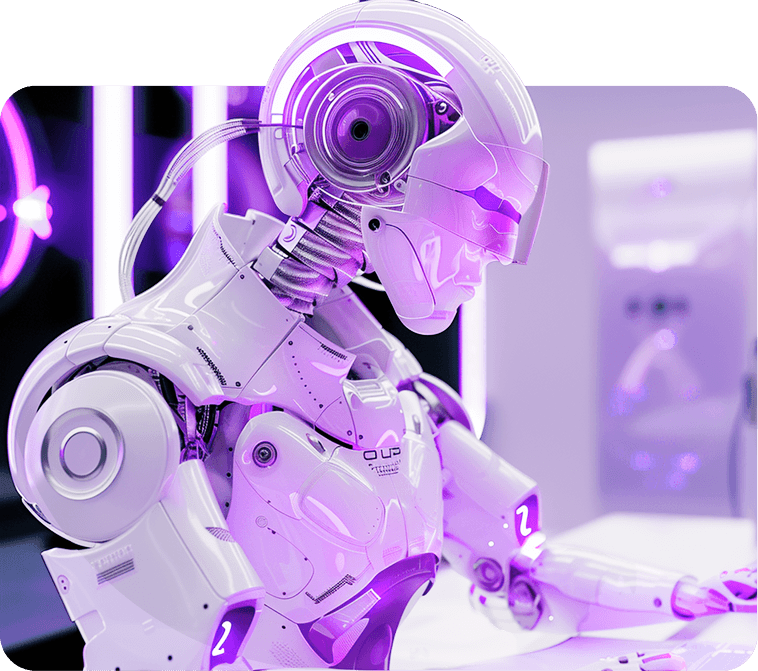 A white robot with a glowing violet eye working at a desk