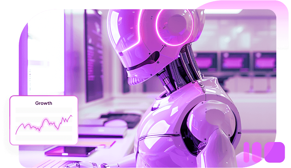 A white robot with glowing violet eyes in a lit office, beside a small “Growth” chart card