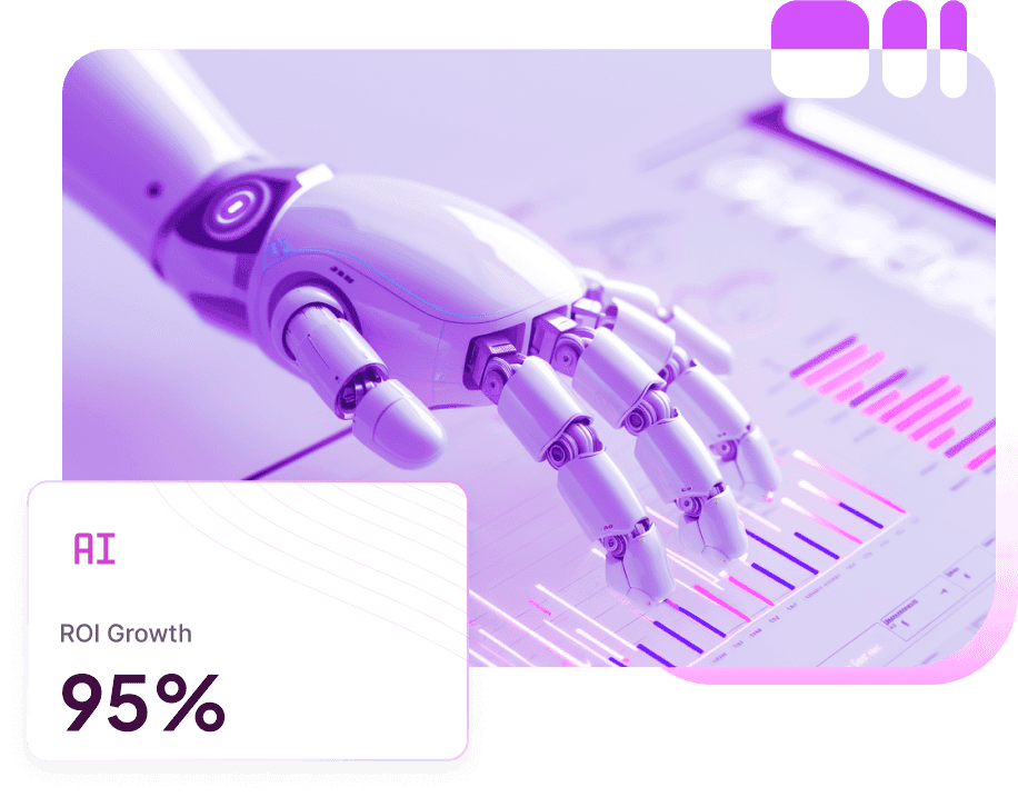 A robot hand reaching over a violet bar chart, with an “ROI Growth 95%” card