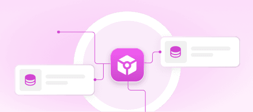 A blockchain cube wired to two database cards