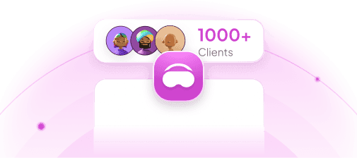 A VR headset icon under a “1000+ Clients” badge with three avatars
